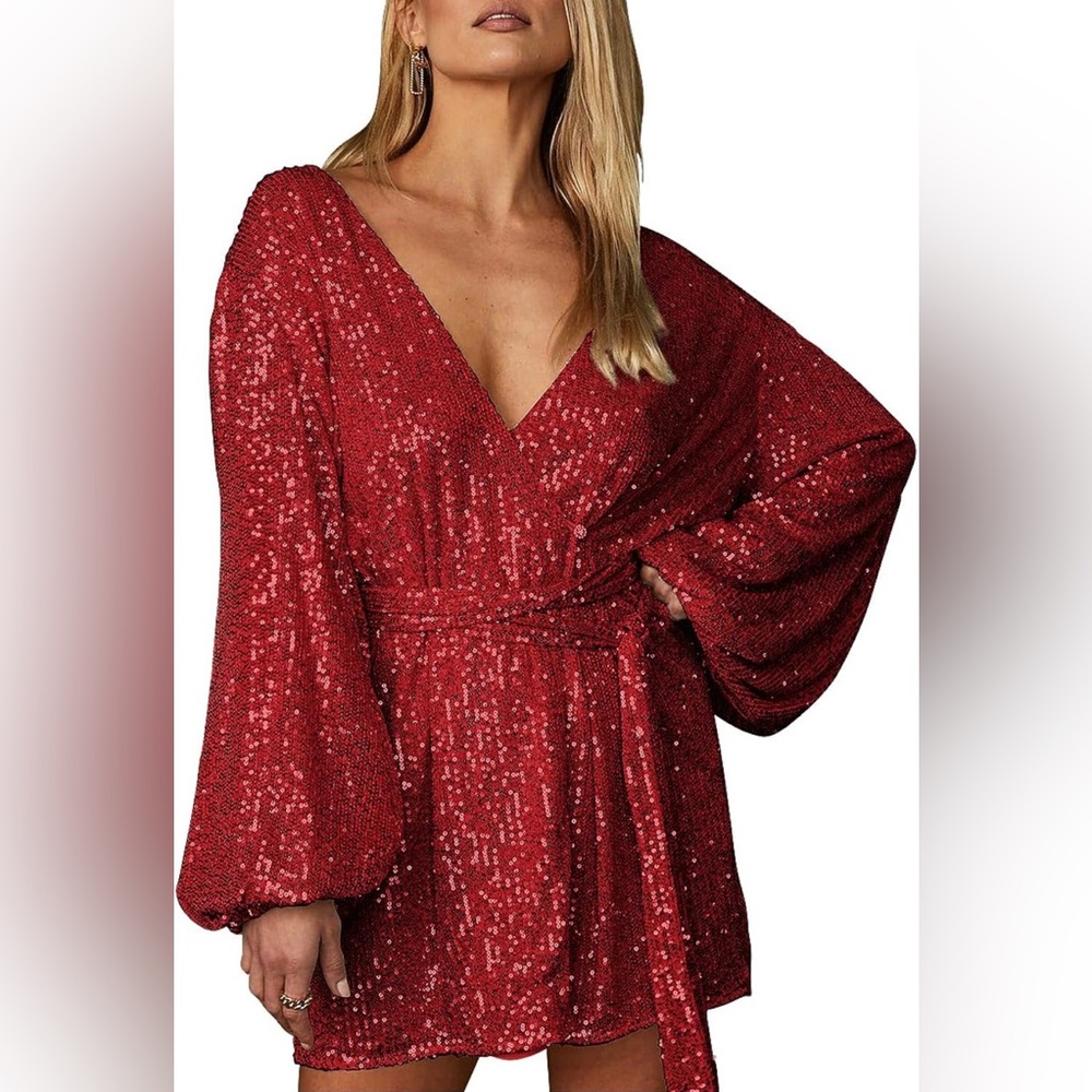 NWOT Sequin Short Sparkly V Neck Tie Waist Sexy Party Club Cocktail Mini Dress